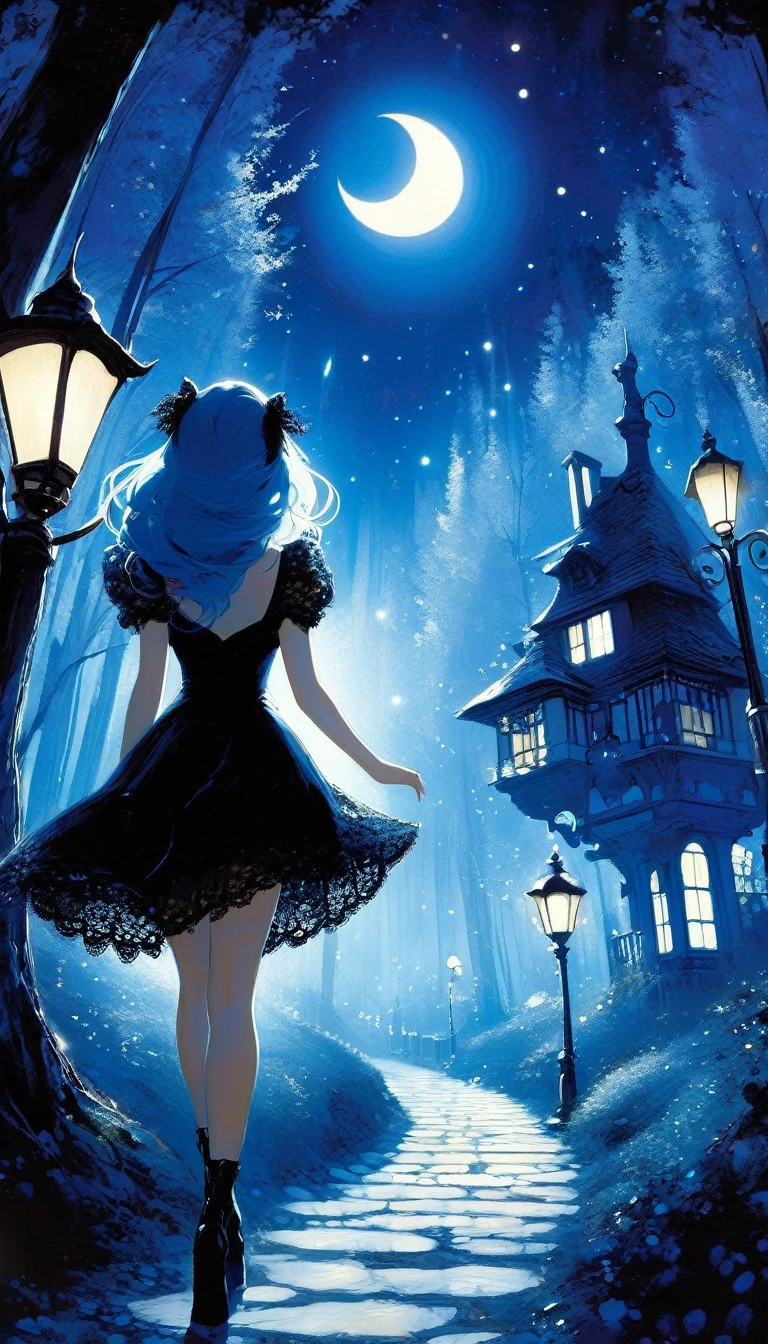 {blue and white theme, fantasy world}, 1 sexy girl, alone, alone, black lace dress, looking back, walking in the forest, house, tree, street lamp, moon, starry sky, bright, magic, fantastic, night sky, moon, stars, background, Alice in Wonderland , alone, very beautiful, cute, adorable,\(symbol\ ), pixie, pixiv art, masterpiece, best quality, ultra detailed, whitetown (art inspired by Bill Sienkiewicz). oil painting)
