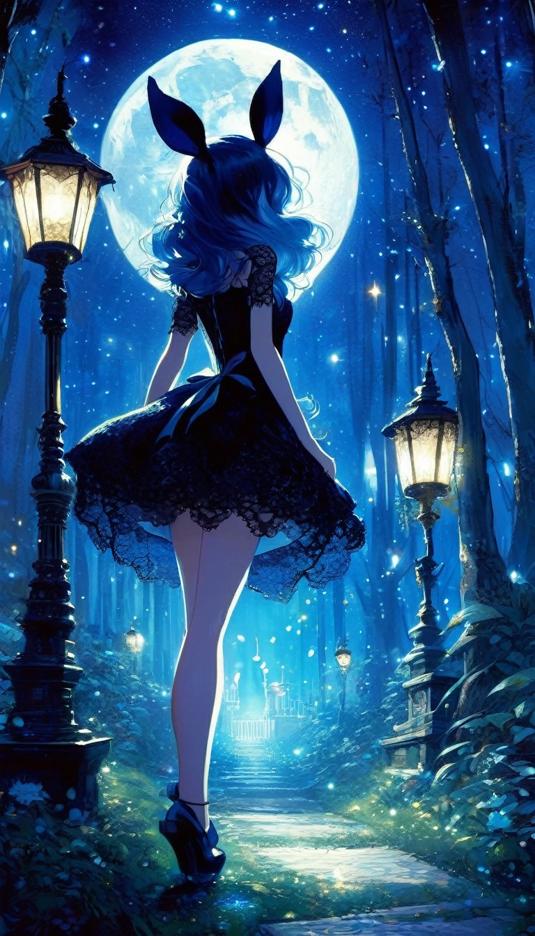 {blue and white theme, fantasy world}, 1 sexy girl, alone, alone, black lace dress, looking back, walking in the forest, house, tree, street lamp, moon, starry sky, bright, magic, fantastic, night sky, moon, stars, background, Alice in Wonderland , alone, very beautiful, cute, adorable,\(symbol\ ), pixie, pixiv art, masterpiece, best quality, ultra detailed, whitetown (art inspired by Bill Sienkiewicz). oil painting)
