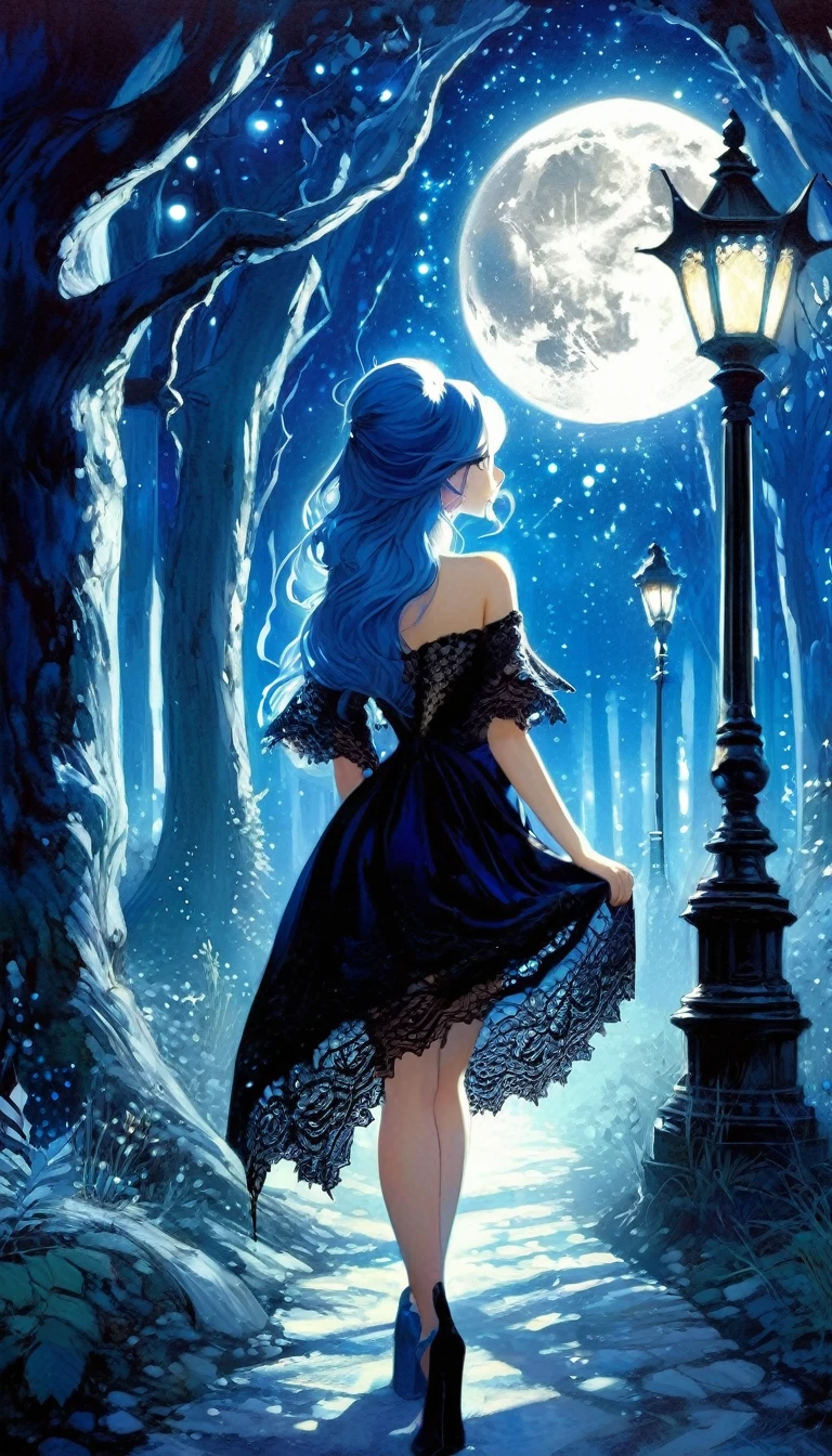 {blue and white theme, fantasy world}, 1 sexy girl, alone, alone, black lace dress, looking back, walking in the forest, house, tree, street lamp, moon, starry sky, bright, magic, fantastic, night sky, moon, stars, background, ,\(symbol\ ), pixie, pixiv art, masterpiece, best quality, ultra detailed, whitetown (art inspired by Bill Sienkiewicz). oil painting)