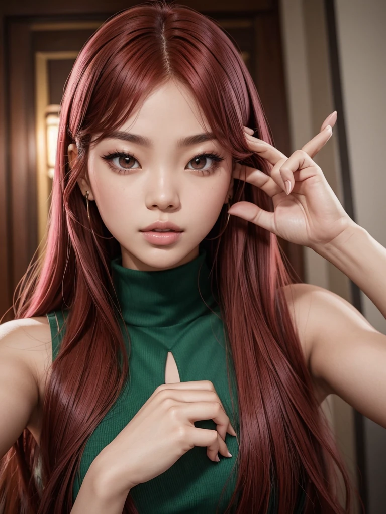 A woman glowing skin, lips, sacimaer detailed skin, with five fingers normal  on the hands Beautiful face and detailed pink eyes, Spotlight, professional lighting, 1 girl, Alone, long hair, wearing a green outfit, natural pose, lips, indoor, realistic, I want the whole image be created, face and body of blackpink's Jennie kim with red hair and in four places with different poses doing random things want it in selfie format, a selca 