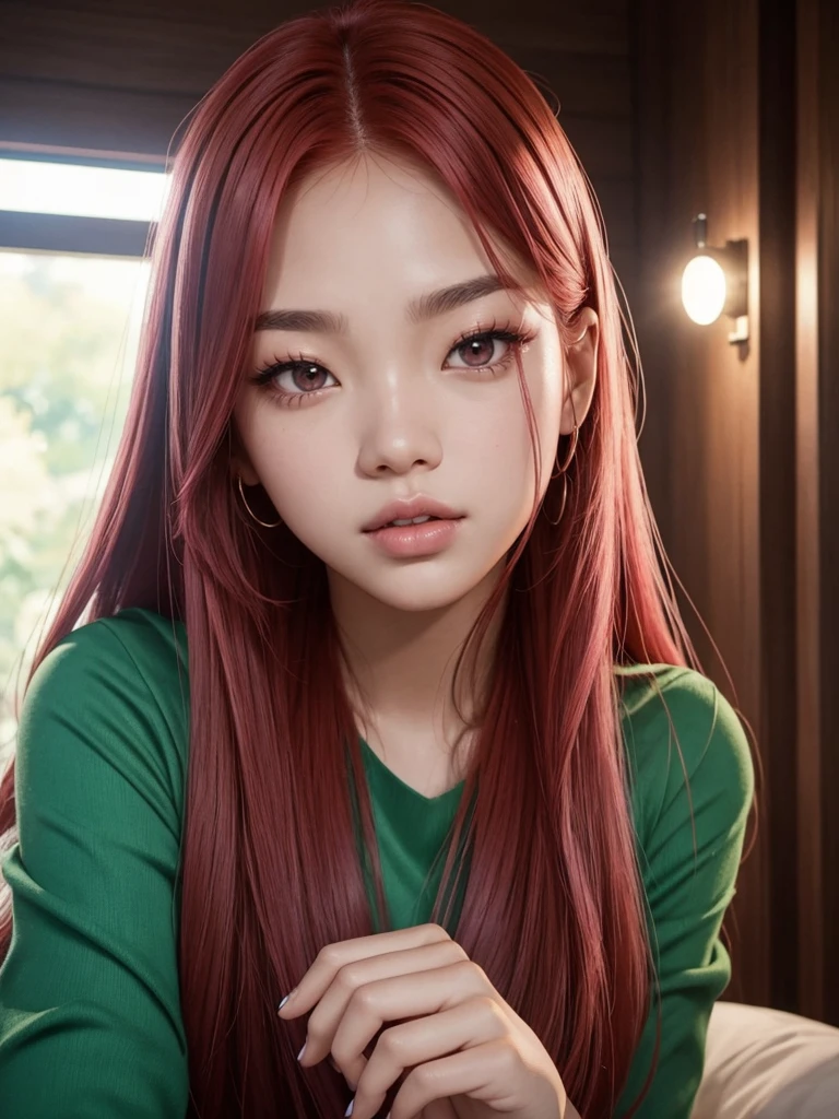 A woman glowing skin, lips, sacimaer detailed skin, with five fingers normal on the hands Beautiful face and detailed pink eyes, Spotlight, professional lighting, 1 girl, Alone, long hair, wearing a green outfit, natural pose, lips, indoor, realistic, I want the whole image be created, face and body of blackpink's Jennie kim with red hair and in four places with different poses doing random things want it in selfie format, a selca