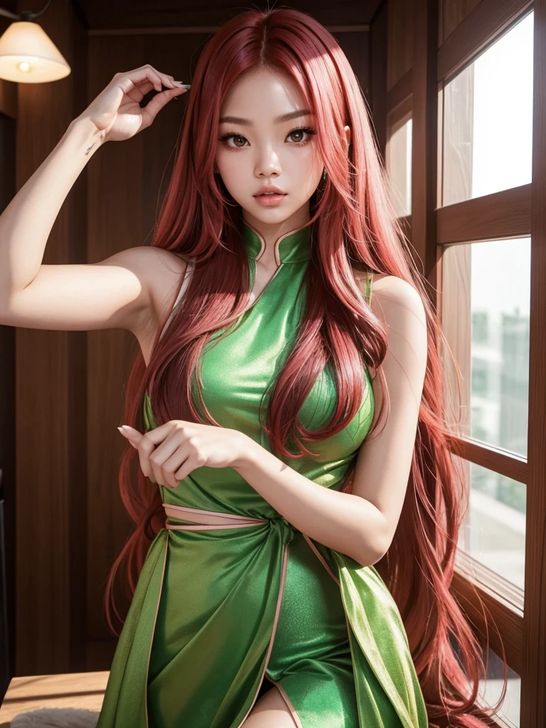 A woman glowing skin, lips, sacimaer detailed skin, with five fingers normal on the hands Beautiful face and detailed pink eyes, Spotlight, professional lighting, 1 girl, Alone, long hair, wearing a green outfit, natural pose, lips, indoor, realistic, I want the whole image be created, face and body of blackpink's Jennie kim with red hair and in four places with different poses doing random things want it in selfie format, a selca