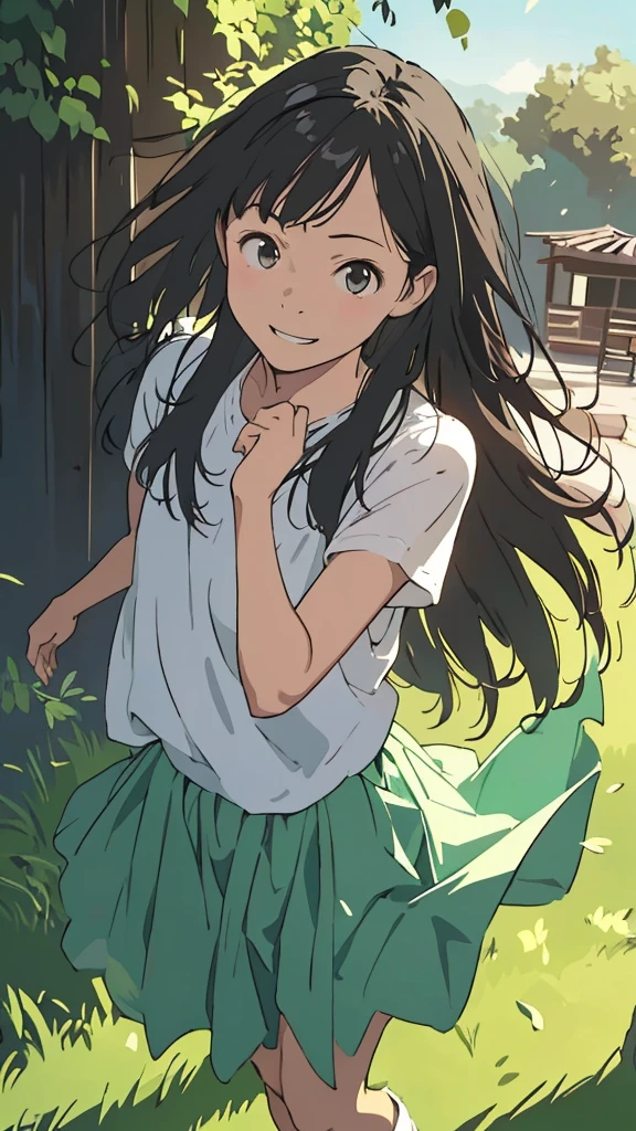 Reasonable design, Clear lines, High Sharpness, (Highest quality,4K,Perfect sharpness,Ultra-fine,High resolution,masterpiece:1.2), Perfect Anatomy:1.5, Official Art, Illustrations that tell a story, (Whitish background:0. 9)、Body Positivity、Diverse physical expressions、((Random and energetic poses))、Perfect beauty、Perfect beautiful face、(Strong winds)、Rich expressiveness、Dynamic configuration、smile、Golden ratio composition、colorful、((Different angles and perspectives))、Anime Drawing Skirt、(Overcoming stereotypes)、 Glowing Skin、(Natural Beauty)、bangs、Straight hair、(Soft and flowing hair)、(countryside)、(Nostalgic atmosphere)、Put it on your feet、(Playful and easygoing)、(diverse characters)、(Graceful posture)、(Sunny atmosphere)、(Bright colors)、Inserted up to the thigh、Skirt fluttering in the wind、Angle from above,Timid girl、