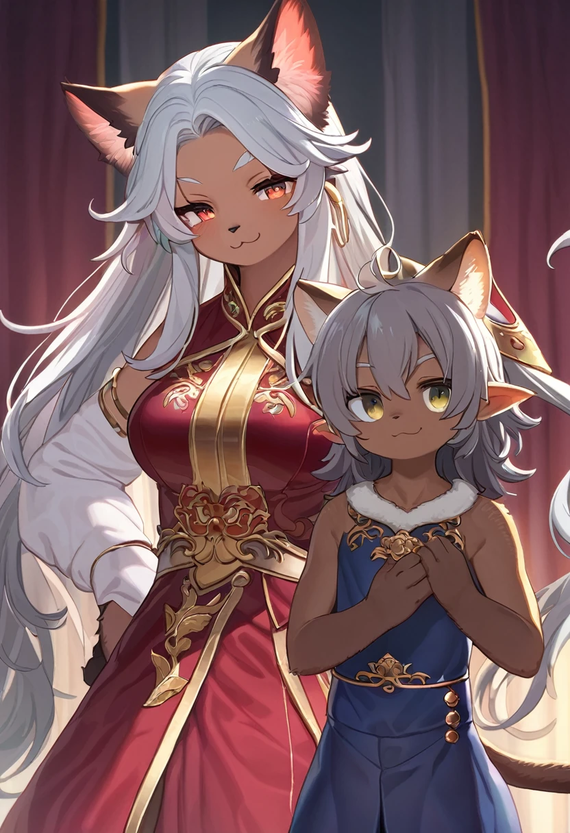 ((Masterpiece)), ((Best Quality)), (Very Detailed), ((Very Detailed)), 4K, (8K), very aesthetic, absurdres highres, 1male, anthropomorphic cat, furry, kemono, 1 woman, elf, dark skin, brown skin, silver hair, A confident woman with striking hair texture and detailed clothing, wearing a velvet cheongsam dress with glossy and smooth texture, elegant impression, floral embroidery, slits, shiny hair, wrinkles and drapes in the clothing, seams, buttons, and fine texture of the ornaments, wine red dress, smug face, smug look,