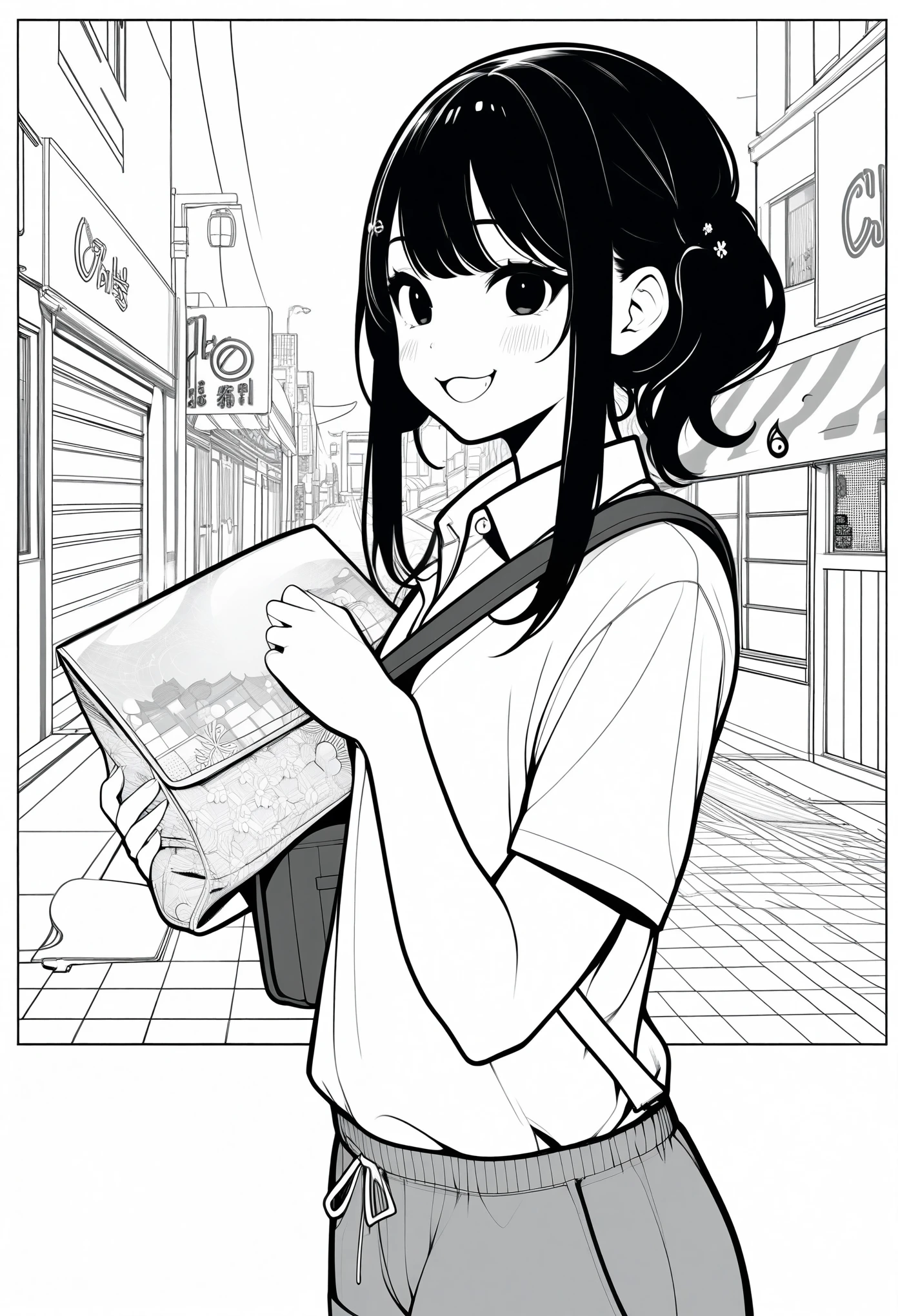 ​masterpiece, best quality, 1girl, jyt:3, grayscale, style: manga, japanese, chi no wadachi, black eyes, street, iced, black hair, schoolbag, smile, lineart, white background, white shirt, grey shorts,
