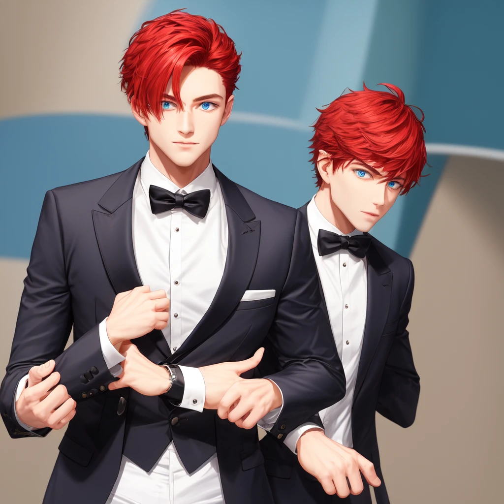 1 man with red short hair, blue eyes, wearing a tuxedo, athletic body, only him
