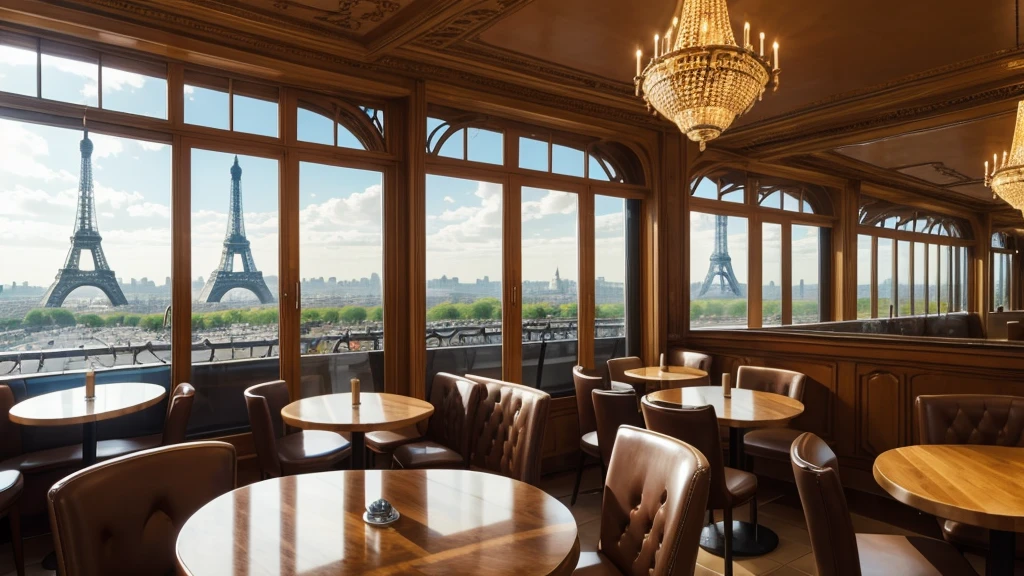 paris coffee shop interior with a big window and view of the eifell tower