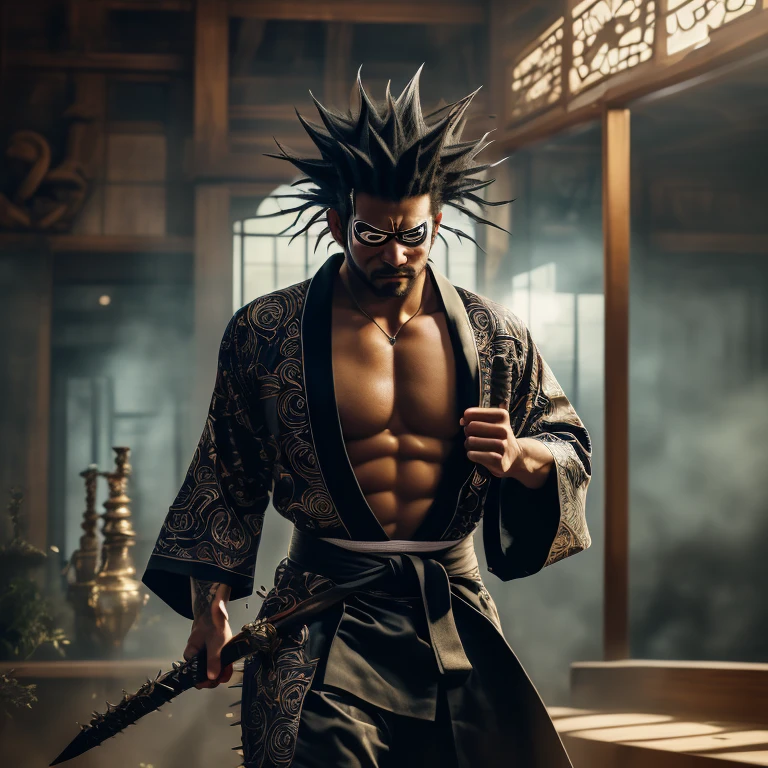 source_anime, 1boy, Zaraki Kenpachi, "BLEACH", solo, male focus, (weapon), indoor, dojo, Battle Stance, serious, black hair, (long spiked hair), japanese clothes, open kimono, pectorals, wide sleeves, (covered eyes, eye patch), anime screenshot, anime screencap, anime coloring, dramatic composition, cinematic lighting, (masterpiece, best quality, Professional, perfect composition, very aesthetic, absurdres, ultra-detailed, intricate details:1.3)