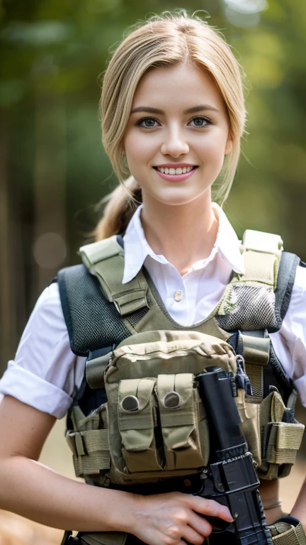 1 female is Denmark princess, White girl ,Age: 20 age-old, gold hair, chignon, detailed blue eye,little smile, fashion, special forces, captain, Israeli military, armed with 2 pistols, in combat, realistic uniform, fit, chest protection, united states military, camouflaged, , Israeli patter,Israeli patch bulletproof vest, covered skin, bullet proof vest, weapon, gun, m4a1, m4a1 sopor, standing, stand on battle field, forest, accurate, anatomically correct, textured skin, super detail, high details, high quality, best quality, 4K,
