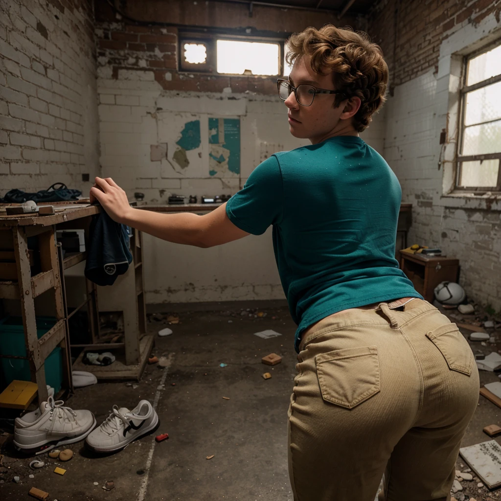 A  boy in loose fitting jeans pants and a loose t-shirt from behind, Black nerdy glasses, Sexy pose, Bent
forward, Looks worried and concerned, Young, Teen, Ginger hair, Curly hair, Dark green eyes, Tan skin, Freckles, Small nose,  Slender body, Plump booty, Round booty,  booty, Sexy booty, Plump
ass,  ass Sexy ass, Young boy, boy, Fembowink, Tracksuit boy, Solo Single Boy, 1 boy, oy, Nerdy  In an old
abandoned laboratory, Abandoned, Scary, Brick Walls, Laboratory, Ultra-detailed, Best quality,
Ultra-realistic, High quality