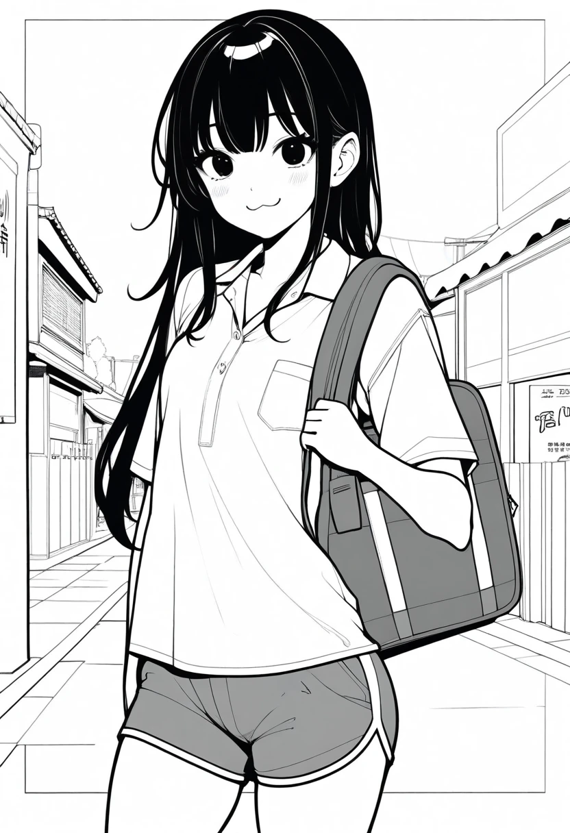 masterpiece, best quality, 1girl, jyt:3, grayscale, style: manga, japanese, chi no wadachi, black eyes, street, iced, black hair, schoolbag, smile, lineart, white background, white shirt, grey shorts,
