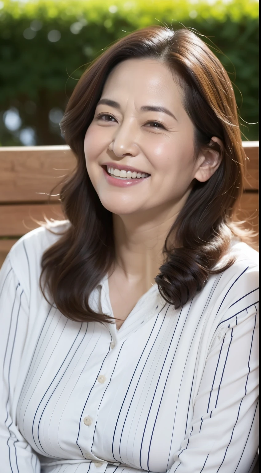 1 female,Perfect Face,Wearing a blouse,Fat belly,Very plump,Big Breasts,Smiling with teeth showing,sitting on a park bench,Full body photo,Cleanliness,Wrinkles are frequent,Hyper detail on skin,Pore cleansing,Mature at 90,Noble and elegant Japanese woman, Perfect Face, Looks great, (Detailed facial features), Clean and nice face, Wavy Hair, Wrinkles around the eyes,