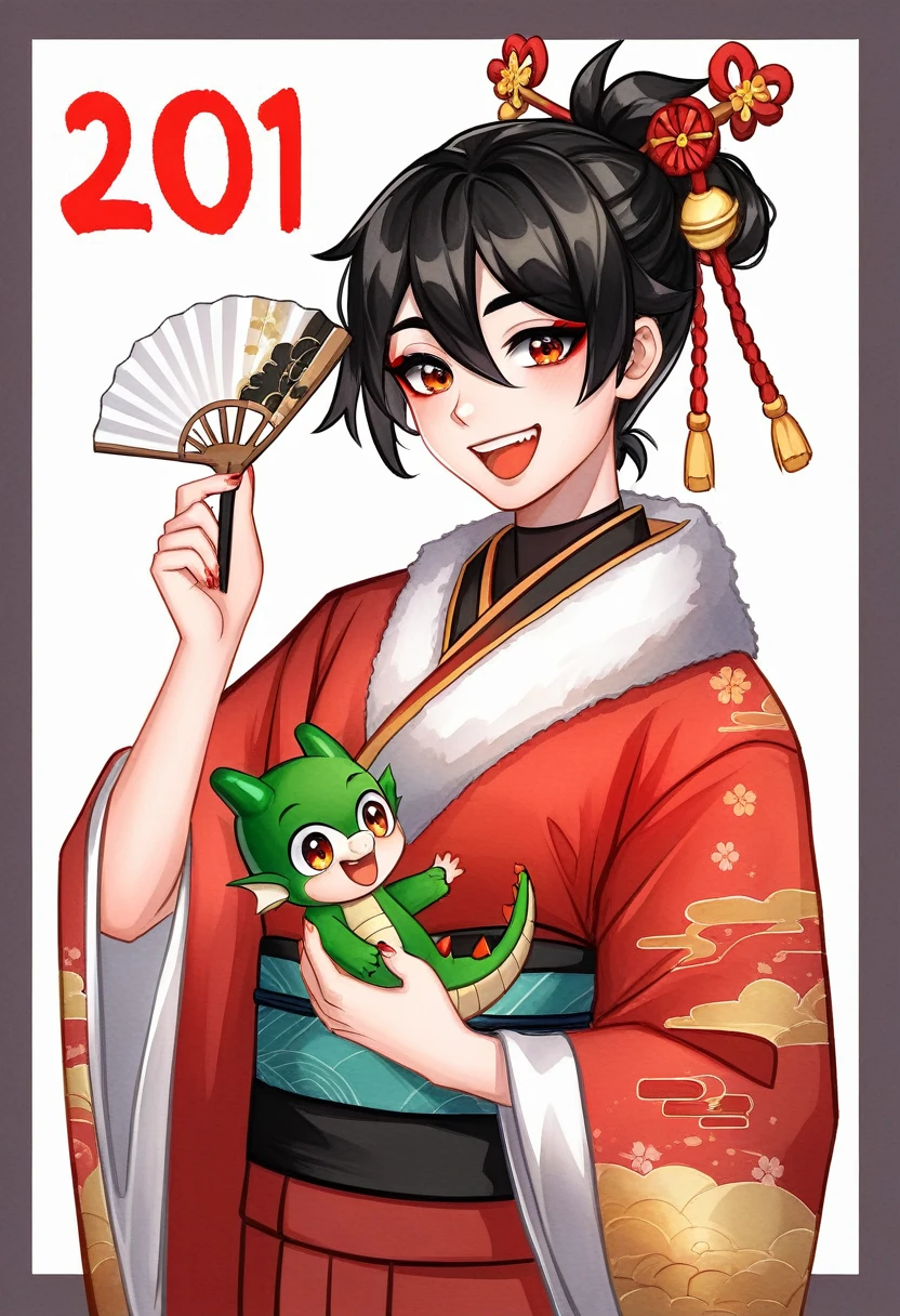 Absurdities , High accuracy, Very detailed, (Oriental dragon girl baby:1.3), (Yellow dragon horns, Dragon's tail:1.2), The Girl and the Oriental Dragon,
break, Kimono decorated with fur, Wide sleeves, Dragon print, red eye shadow,
break, Looking at the viewer, happy, Cinematic pretense, Holding a fan,
break, (nihonga, Sumi E), Year of the Dragon, (happy new year, Ninjago:1.2),
break, Illustration of transparent watercolor painting, With subtle washes of colour, Thorough mixing, Dream-like quality