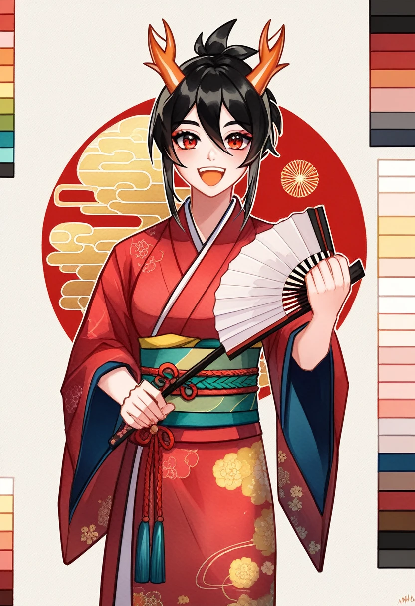 Absurdities , High accuracy, Very detailed, (Oriental dragon girl baby:1.3), (Yellow dragon horns, Dragon's tail:1.2), The Girl and the Oriental Dragon,
break, Kimono decorated with fur, Wide sleeves, Dragon print, red eye shadow,
break, Looking at the viewer, happy, Cinematic pretense, Holding a fan,
break, (nihonga, Sumi E), Year of the Dragon, (happy new year, Ninjago:1.2),
break, Illustration of transparent watercolor painting, With subtle washes of colour, Thorough mixing, Dream-like quality