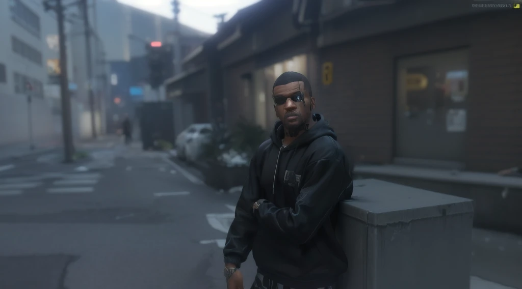 there is a man standing on a street corner in a black hoodie, gta character, as a character from gtav, cyberpunk street ????, gta v character, style of gta v, gta v street style, detailed unblurred face, gta5 style, as the protagonist of gta 5, no hood | | realistic shaded, gta 6 style, gta v style