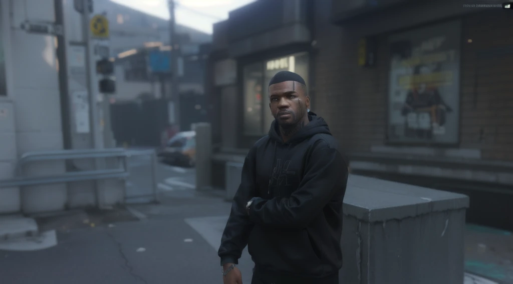 there is a man standing on a street corner in a black hoodie, gta character, as a character from gtav, cyberpunk street goon, gta v character, style of gta v, gta v street style, detailed unblurred face, gta5 style, as the protagonist of gta 5, no hood | | realistic shaded, gta 6 style, gta v style