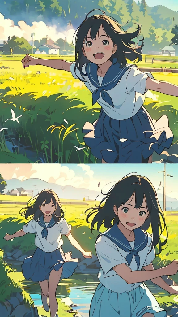 Reasonable design, Clear lines, High Sharpness, (Highest quality,4K,Perfect sharpness,Ultra-fine,High resolution,masterpiece:1.2), Perfect ???????:1.5, Official Art, Illustrations that tell a story, (Whitish background:0. 9）、Body Positivity、Diverse physical expressions、（(Random and energetic poses)）、Perfect beauty、Perfect beautiful face、(Strong winds)、Rich expressiveness、Dynamic configuration、smile、Golden ratio composition、colorful、（(Different angles and perspectives))、Anime Drawing Skirt、（Overcoming stereotypes）、 Glowing Skin、（Natural Beauty）、bangs、Straight hair、（Soft and flowing hair）、（countryside）、（Nostalgic atmosphere）、Put it on your feet、（Playful and easygoing）、（diverse characters）、（Graceful posture）、（Sunny atmosphere）、（Bright colors）、Inserted up to the thigh、Skirt fluttering in the wind、Angle from above,Timid girl、