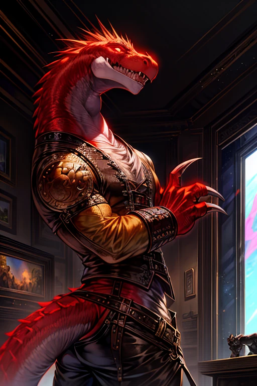 Dinosaur, Humanoid Transformation, Tyrannosaurus Rex, Muscular Figure, Ancient, Museum, Paleontology, Night Time, Dark Shadow, Red eyes, Glowing Scales, Serrated Teeth, Long Tail, Detailed Vertebrae, Beige Color Paint, Sad Expression, Thunderstorm sound in background, Dark clothes, (steampunk outfit: 1.2), Hands in claws position, Long arms, (Long neck), Bipedal, Mysterious atmosphere, (Magma stains: 0.8 ), High quality: 1.5, Detail: 1.2, Artwork: 0.6