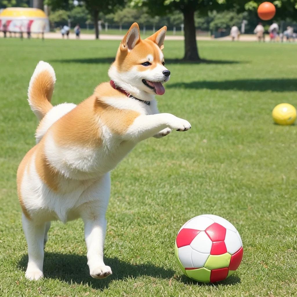 A cute little Shiba Inu like a stuffed animal、Playing with a ball in the park。