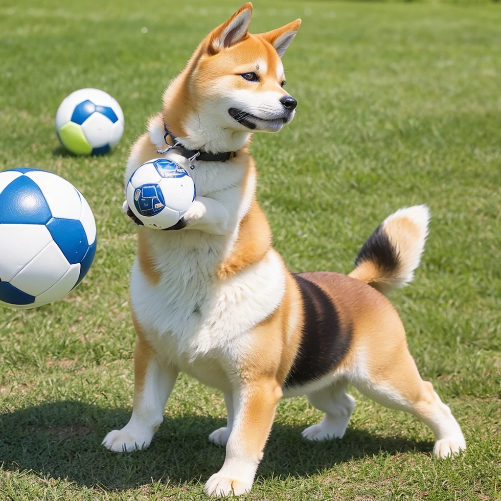 A cute little Shiba Inu like a stuffed animal、Playing with a ball in the park。