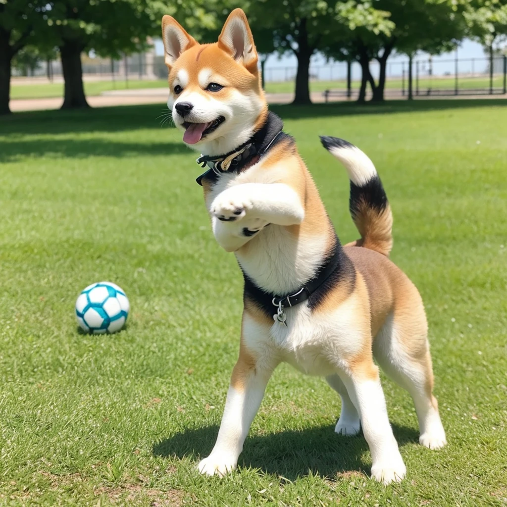 A cute little Shiba Inu like a stuffed animal、Playing with a ball in the park。