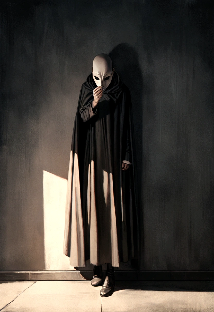 A thin man, wearing a long cape and a mask covering his face, leaning against a wall, looking down, with a cigarette in his hand, side view, full body minimalist character, 8k, high resolution, photorealistic, cinematic lighting, moody atmosphere, dramatic shadows, muted color palette."