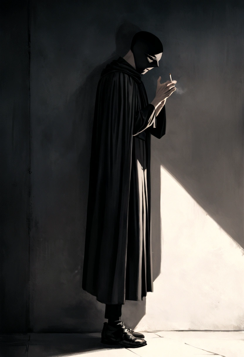 A thin man, wearing a long cape and a mask covering his face, leaning against a wall, looking down, with a cigarette in his hand, side view, full body minimalist character, 8k, high resolution, photorealistic, cinematic lighting, moody atmosphere, dramatic shadows, muted color palette."


