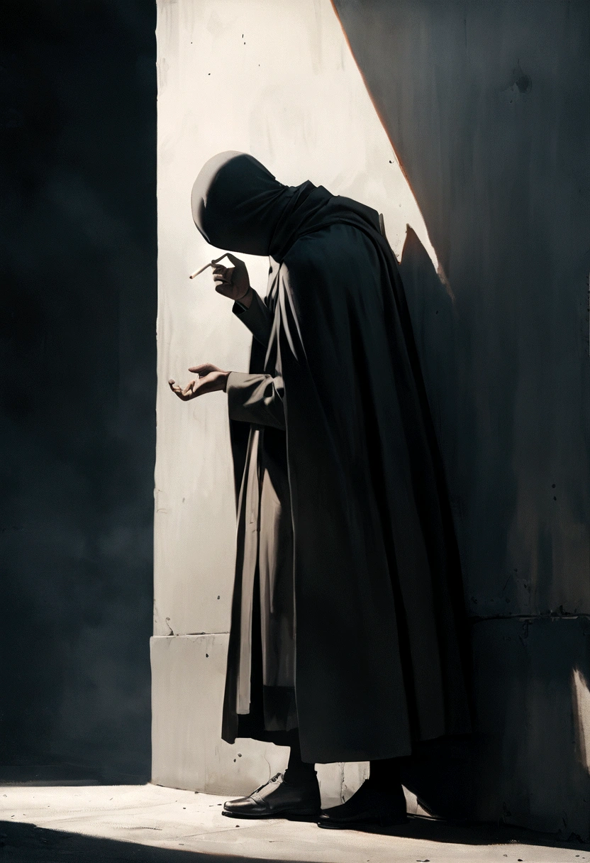 A thin man, wearing a long cape and a mask covering his face, leaning against a wall, looking down, with a cigarette in his hand, side view, full body minimalist character, 8k, high resolution, photorealistic, cinematic lighting, moody atmosphere, dramatic shadows, muted color palette."