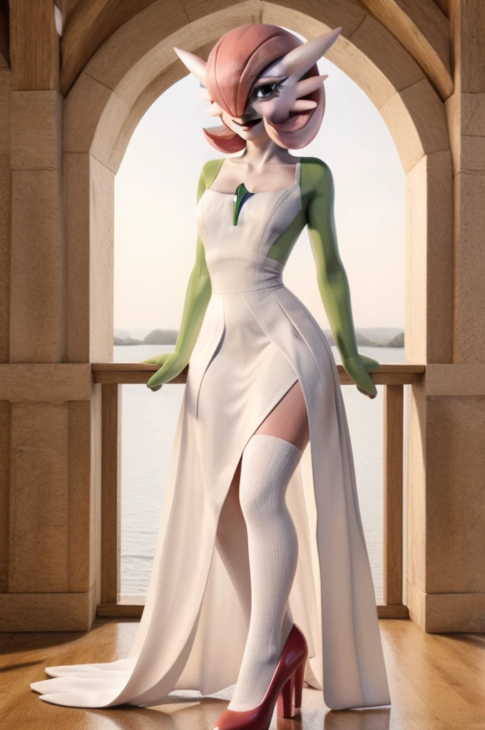 1girl, white dress, pink eyes, pink hair with a ponytail, long socks, red heels, ((realistic)), smile, looking at viewer,Gardevoir