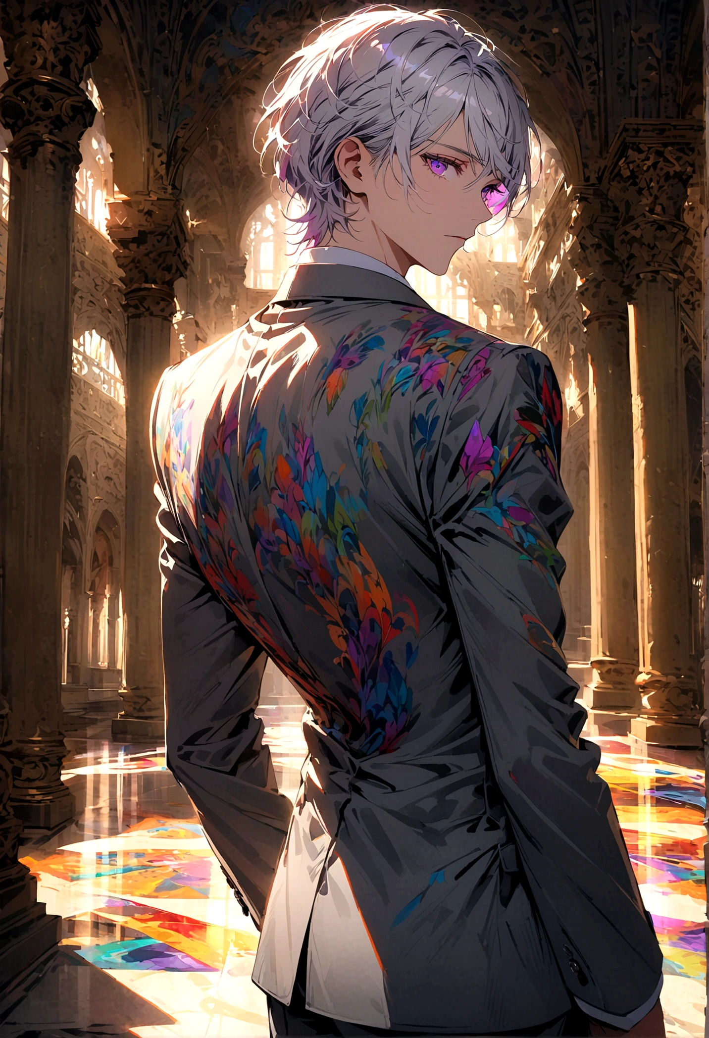 A man with white hair and purple eyes, in a gray suit, turned his back and half his face, standing alone in the middle of the palace