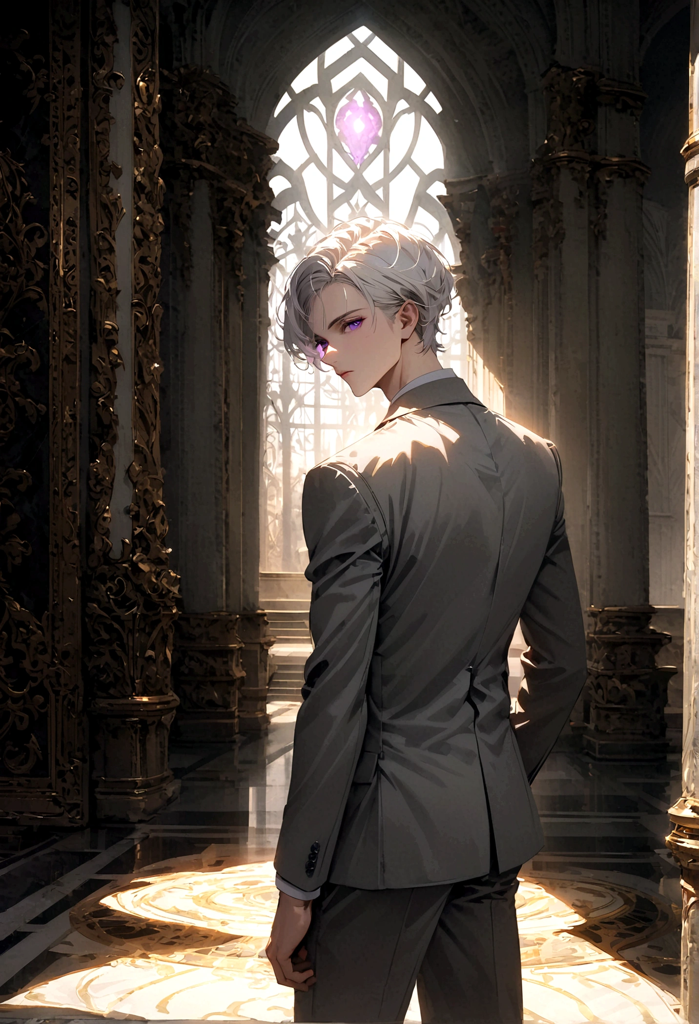 A man with white hair and purple eyes, in a gray suit, turned his back and half his face, standing alone in the middle of the palace