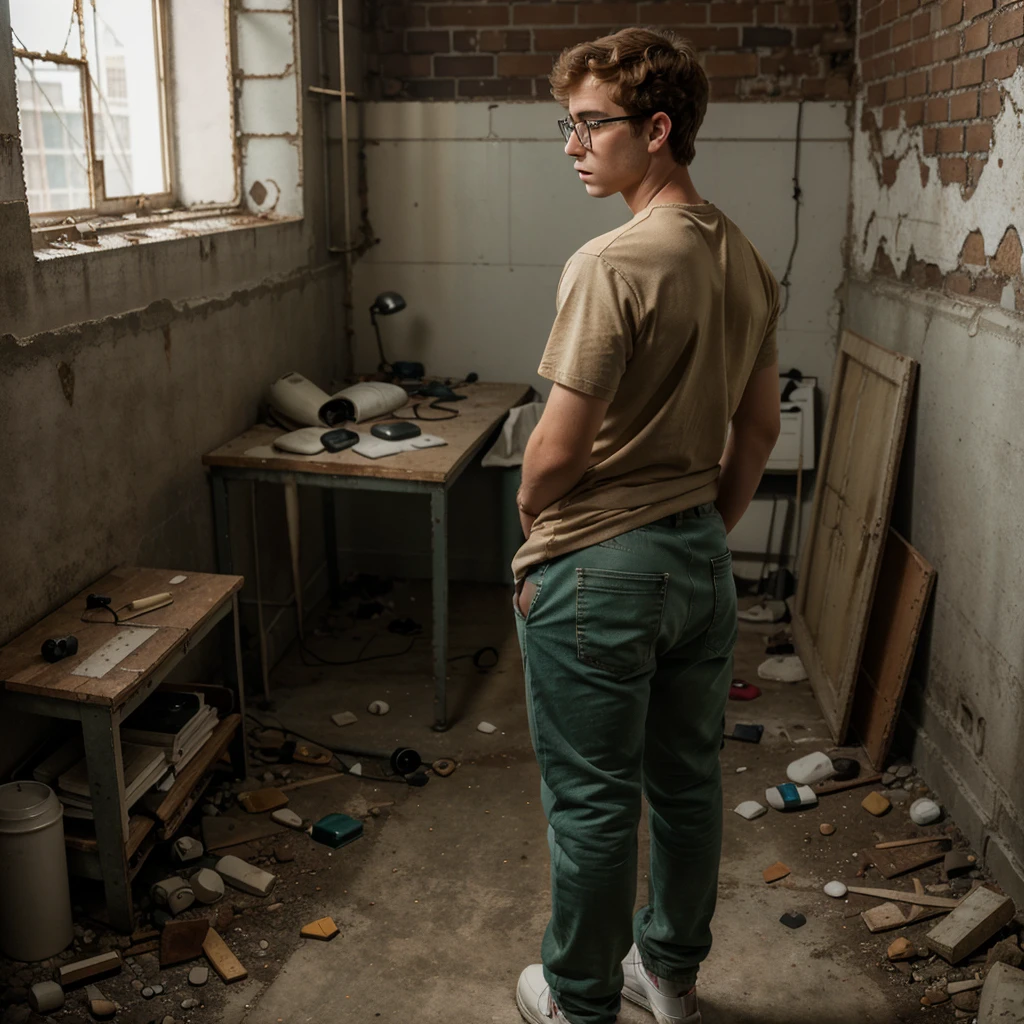 A boy in loose fitting jeans pants and a loose t-shirt from behind, Black nerdy glasses, Sexy pose, Bent
forward, Looks worried and concerned, Young, Teen, Ginger hair, Curly hair, Dark green eyes, Tan skin, Freckles, Small nose, Slender body, Plump booty, Round booty, booty, Sexy booty, Plump
ass, ass Sexy ass, Young boy, boy, Fembowink, Tracksuit boy, Solo Single Boy, 1 boy, oy, Nerdy In an old
abandoned laboratory, Abandoned, Scary, Brick Walls, Laboratory, Ultra-detailed, Best quality,
Ultra-realistic, High quality