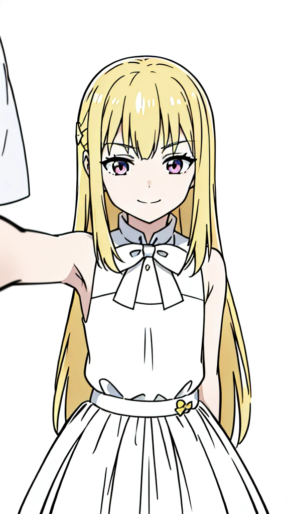 (1girl,8 years old,small),blonde hair,extra long hair, white dress, sleeveless, bow tie, bare shoulders, evil smile,(white background,line drawing),kabedon pov