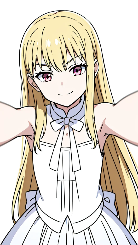 (1girl,8 years old,small),blonde hair,extra long hair, white dress, sleeveless, bow tie, bare shoulders, evil smile,(white background,line drawing),kabedon pov
