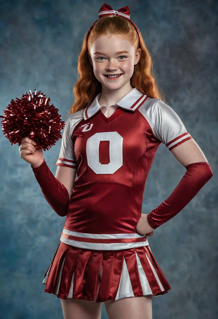 1girl, Sadie Sink, full length portrait, University of Oklahoma cheerleader uniform, sheer shimmering silky shiny tan pantyhose by L'eggs, 5 inch scarlet high heels, holding pompoms, cheering, studio photo shoot, photorealistic, best quality, 8k, highres, masterpiece:1.2, ultra-detailed, realistic, photorealistic, photo-realistic:1.37, HDR, UHD, studio lighting, extreme detail description, professional, vivid colors, dramatic lighting, dynamic pose