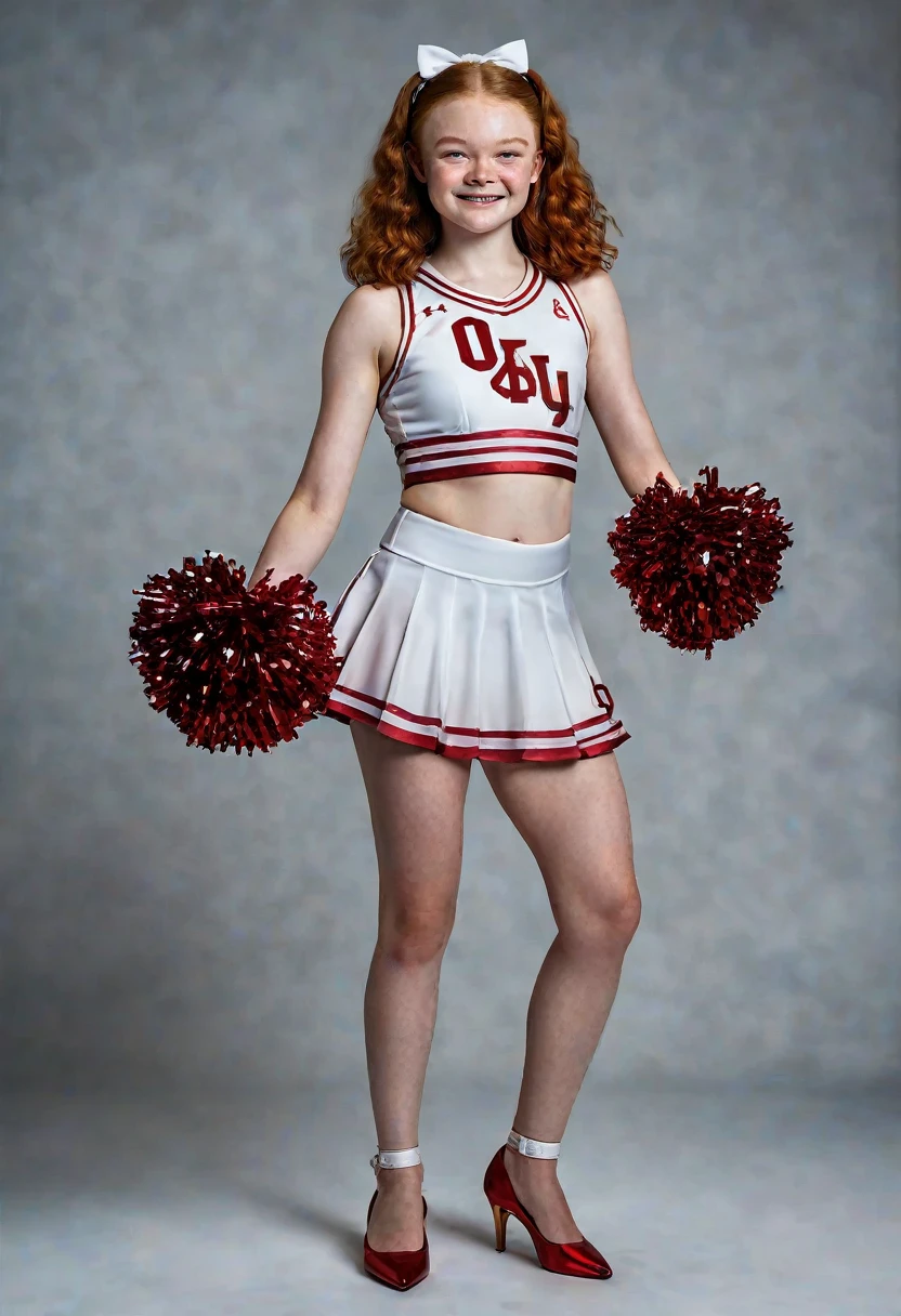 1girl, Sadie Sink, full length portrait, University of Oklahoma cheerleader uniform, sheer shimmering silky shiny tan pantyhose by L'eggs, 5 inch scarlet high heels, holding pompoms, cheering, studio photo shoot, photorealistic, best quality, 8k, highres, masterpiece:1.2, ultra-detailed, realistic, photorealistic, photo-realistic:1.37, HDR, UHD, studio lighting, extreme detail description, professional, vivid colors, dramatic lighting, dynamic pose