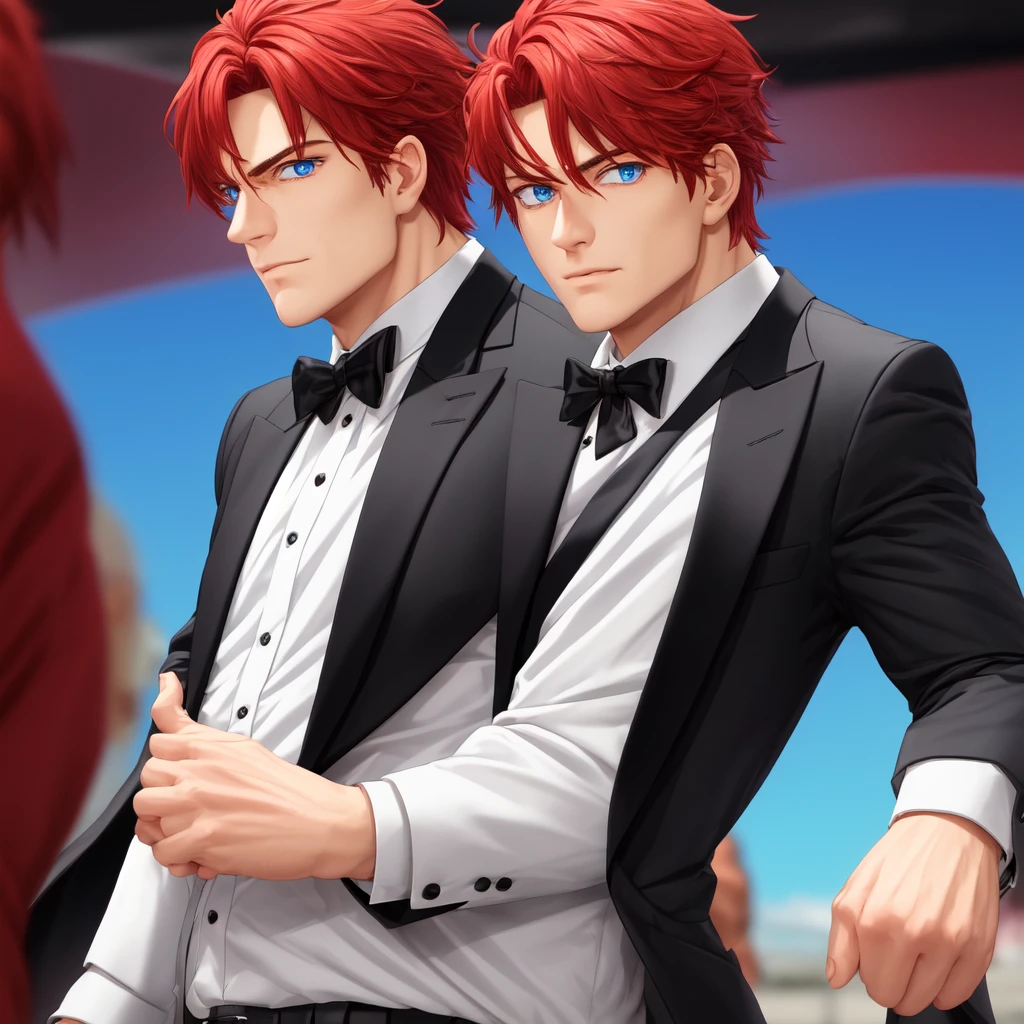 a man with red short hair, blue eyes, wearing a tuxedo, athletic body, only him,2d realistic anime