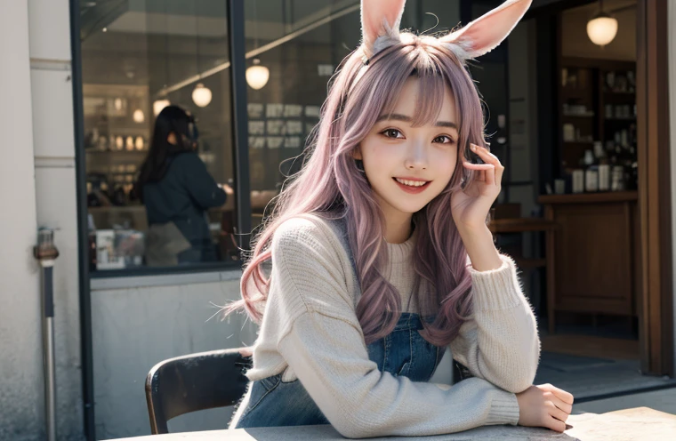 26 years old、Tabletop, Highest quality, shape, Very detailed, In detail, High resolution, 8k wallpaper, Perfect dynamic composition, Beautiful details, ,Long Hair,Her hair color is a gradation of silver and pink., Natural color lip, smile、Rabbit ears grow、A fusion of rabbit and human、Pointy ears、Human merging with rabbit、No ears、Humans without ears、The rabbit has a tail.、Clothes with fur、Ears hidden by hair、Street Snap、Large front teeth