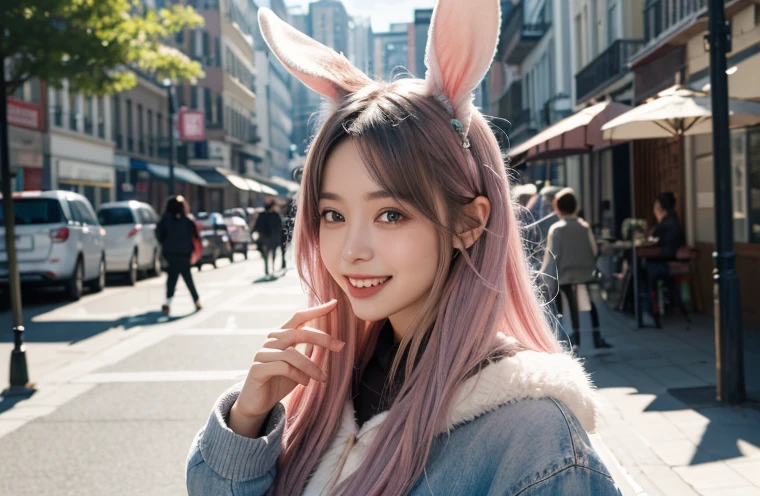 26 years old、Tabletop, Highest quality, shape, Very detailed, In detail, High resolution, 8k wallpaper, Perfect dynamic composition, Beautiful details, ,Long Hair,Her hair color is a gradation of silver and pink., Natural color lip, smile、Rabbit ears grow、A fusion of rabbit and human、Pointy ears、Human merging with rabbit、No ears、Humans without ears、The rabbit has a tail.、Clothes with fur、Ears hidden by hair、Street Snap、Large front teeth