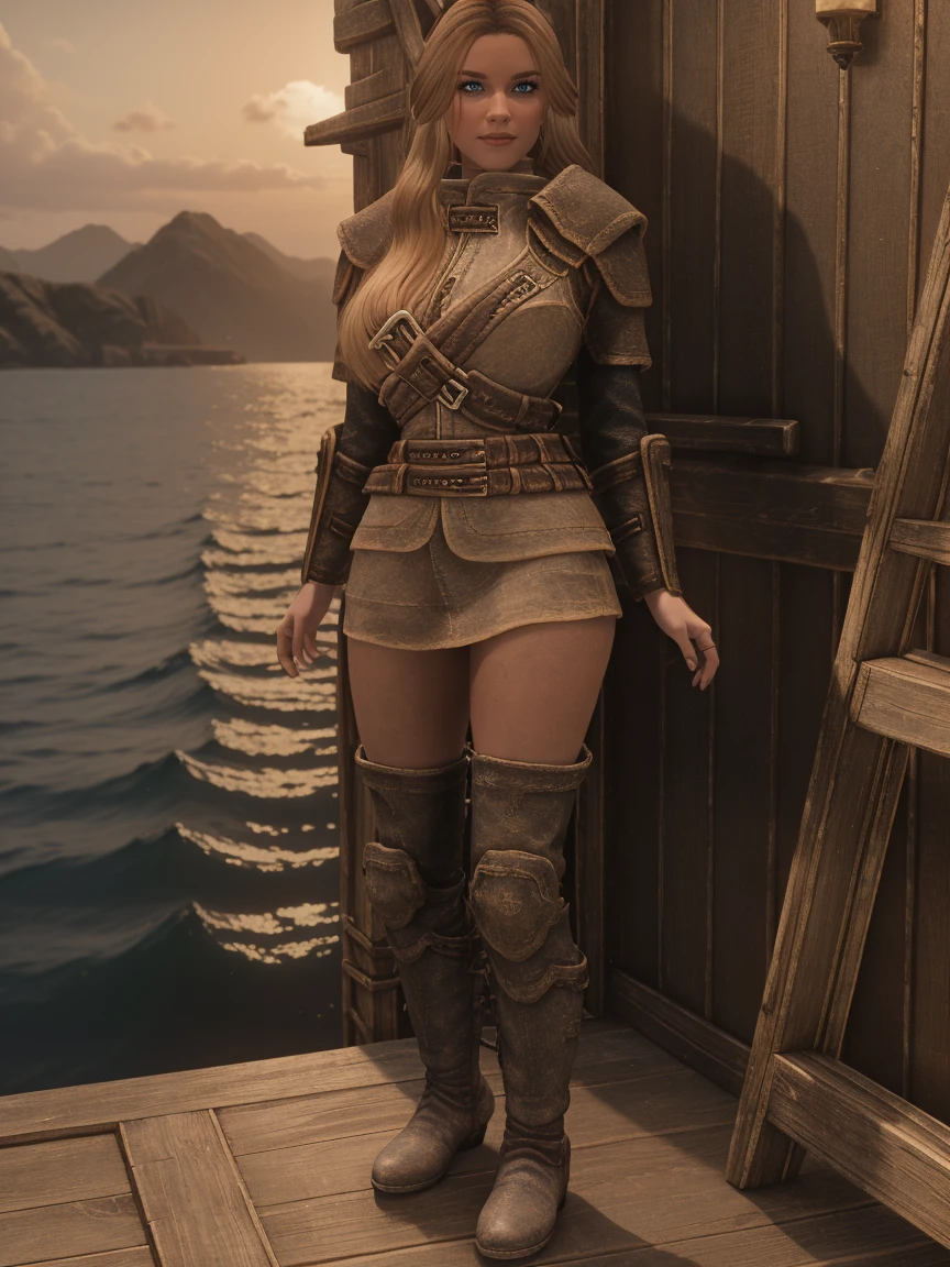 closeup shot of a stunning female Breton maiden stands poised on the weathered deck of a majestic ship at sunset in Skyrim. Her porcelain skin glows softly, illuminated by the warm rays of the rising sun. Delicate features and raven tresses frame her enigmatic smile as she gazes out to sea, the wind gently tousling her locks, (((wearing short natural leather skirt))) and (((high boots))), blonde hair,female breton