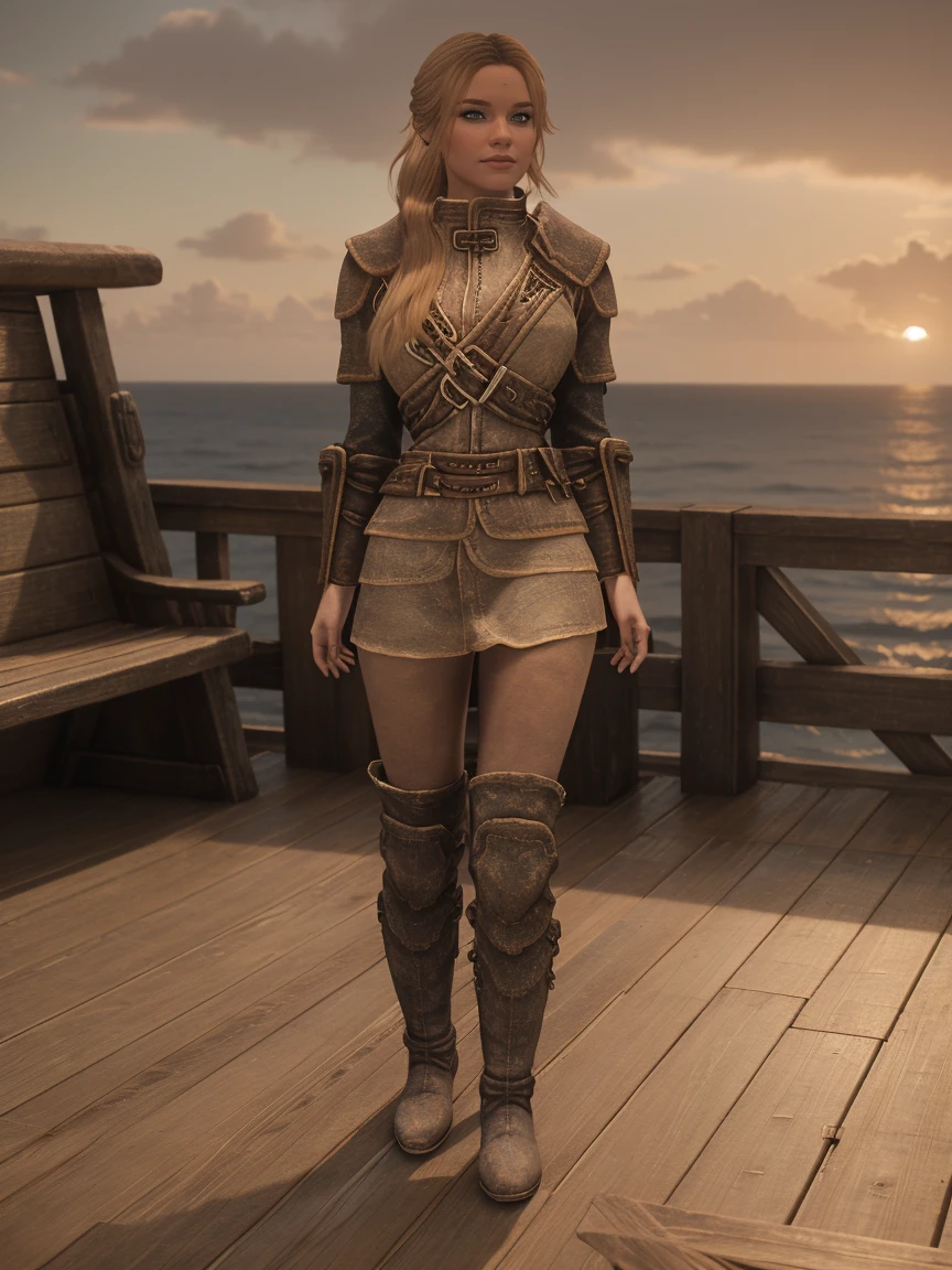 closeup shot of a stunning female Breton maiden stands poised on the weathered deck of a majestic ship at sunset in Skyrim. Her porcelain skin glows softly, illuminated by the warm rays of the rising sun. Delicate features and raven tresses frame her enigmatic smile as she gazes out to sea, the wind gently tousling her locks, (((wearing short natural leather skirt))) and (((high boots))), blonde hair,female breton