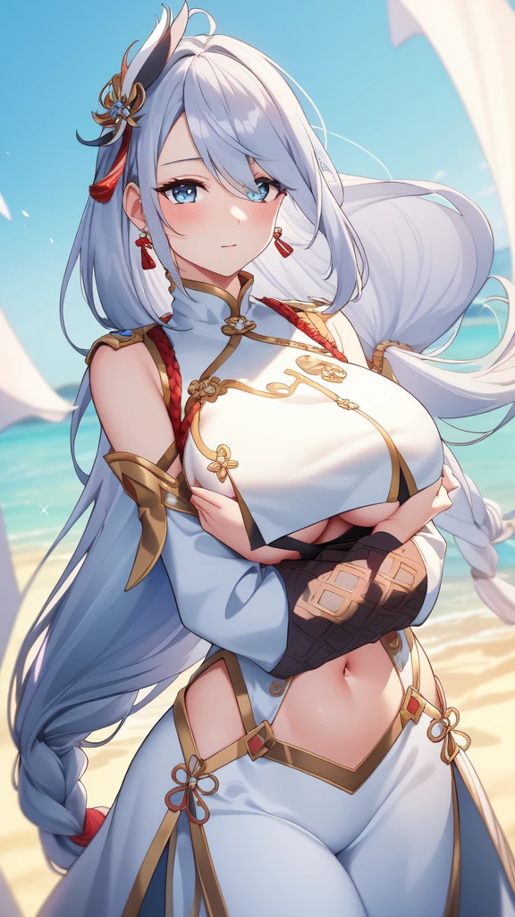 ((masterpiece)), (best quality:1.7), (detailed:1.4), (high res:1.4), 8k, (colorful:1.5), ((2d)), high resolution, sharped image, 4k, hd, shenhe_genshin, 1girl, (((solo))), ((grey hair)), (((light blue eyes))), long hair, (very long hair), ((hair over one eye)), ((braided ponytail)), ((((face focus)))), (((arms on air))), (small breasts), ((middle body)), (((cowboy shot)))), ((white breasts)), ((((breast courtain)))), blush, looking at viewer, bodysuit, long sleeves, shoulder cutout, covered navel, clothing cutout, black gloves, jewelry, partially fingerless gloves, ((hip vent)), earrings, tassel, chinese clothes, curvy body, ((white bodysuit)), (big hips), (character focus), serious, (((on fram))), snow, forest, sun, sky, clouds, ((white chest)), hair ornament, ((((breast large courtain)))),