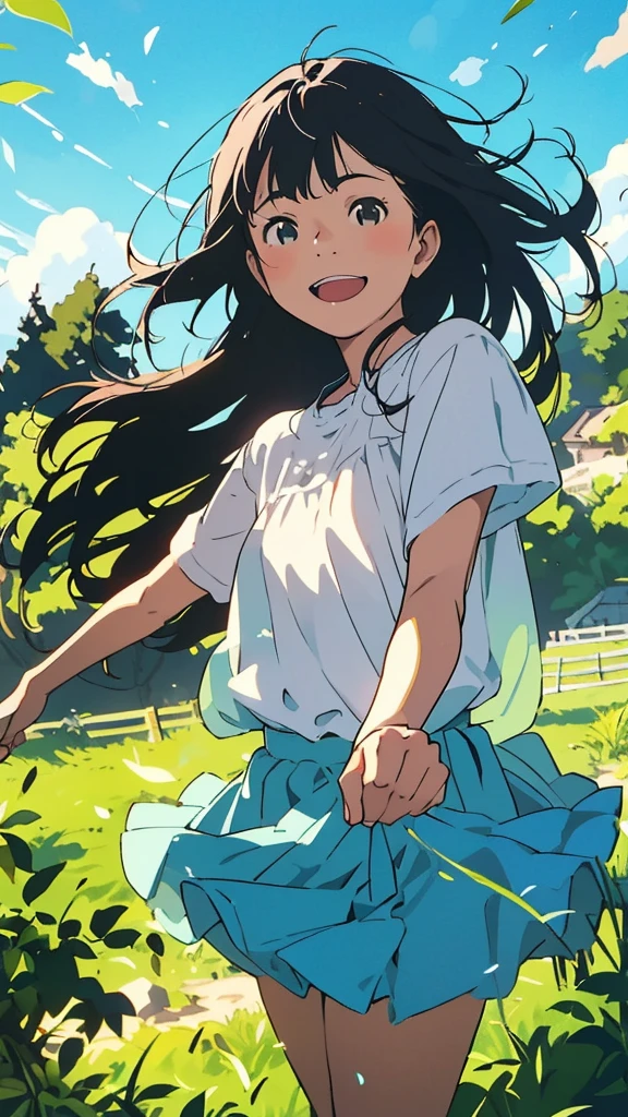 Reasonable design, Clear lines, High Sharpness, (Highest quality,4K,Perfect sharpness,Ultra-fine,High resolution,masterpiece:1.2), Perfect Anatomy:1.5, Official Art, Illustrations that tell a story, (Whitish background:0. 9）、Body Positivity、Diverse physical expressions、（(Random and energetic poses)）、Perfect beauty、Perfect beautiful face、(Strong winds)、Rich expressiveness、Dynamic configuration、smile、Golden ratio composition、colorful、（(Different angles and perspectives))、Anime Drawing Skirt、（Overcoming stereotypes）、 Glowing Skin、（Natural Beauty）、bangs、Straight hair、（Soft and flowing hair）、（countryside）、（Nostalgic atmosphere）、Put it on your feet、（Playful and easygoing）、（diverse characters）、（Graceful posture）、（Sunny atmosphere）、（Bright colors）、Inserted up to the thigh、Skirt fluttering in the wind、Angle from above,Timid girl、