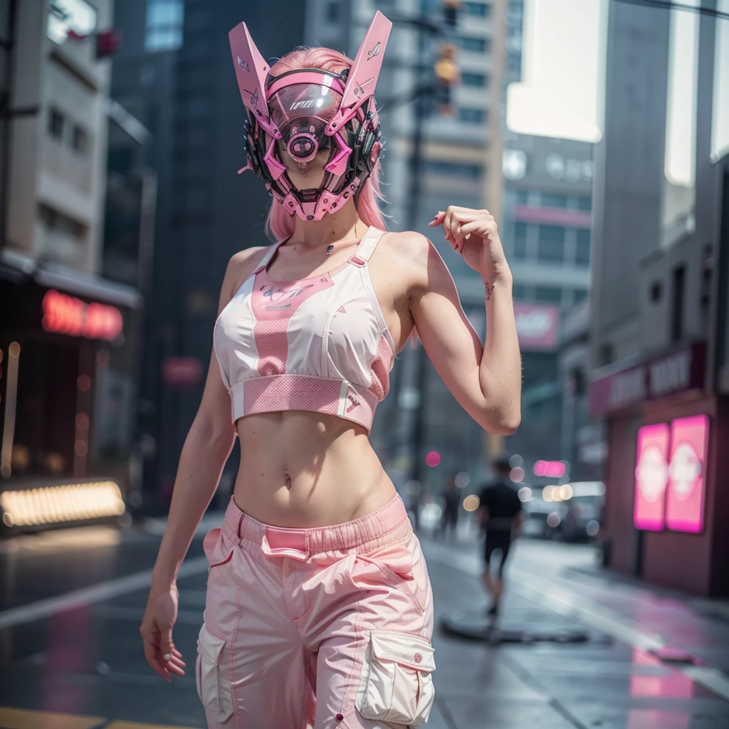 1girl, pink hair, cyber helmet, sexy white tank top, cyber body, white cargo pants, mouth mask, covered mouth, pale skin, Blur background, 8K, Hi-Res, bare skin, abs