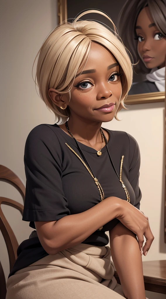 A lifelike portrait of a 60-year-old black woman with short, vibrant blonde hair. Her expressive eyes radiate wisdom, her wrinkles telling tales of a rich and fulfilled life. Sensitively captured in high resolution, this photograph is a stunning masterpiece that embodies the beauty of age and the power of self-expression. 8k, realista, detalhada, emotiva, apelativa, retrato, idoso, cabello rijo.