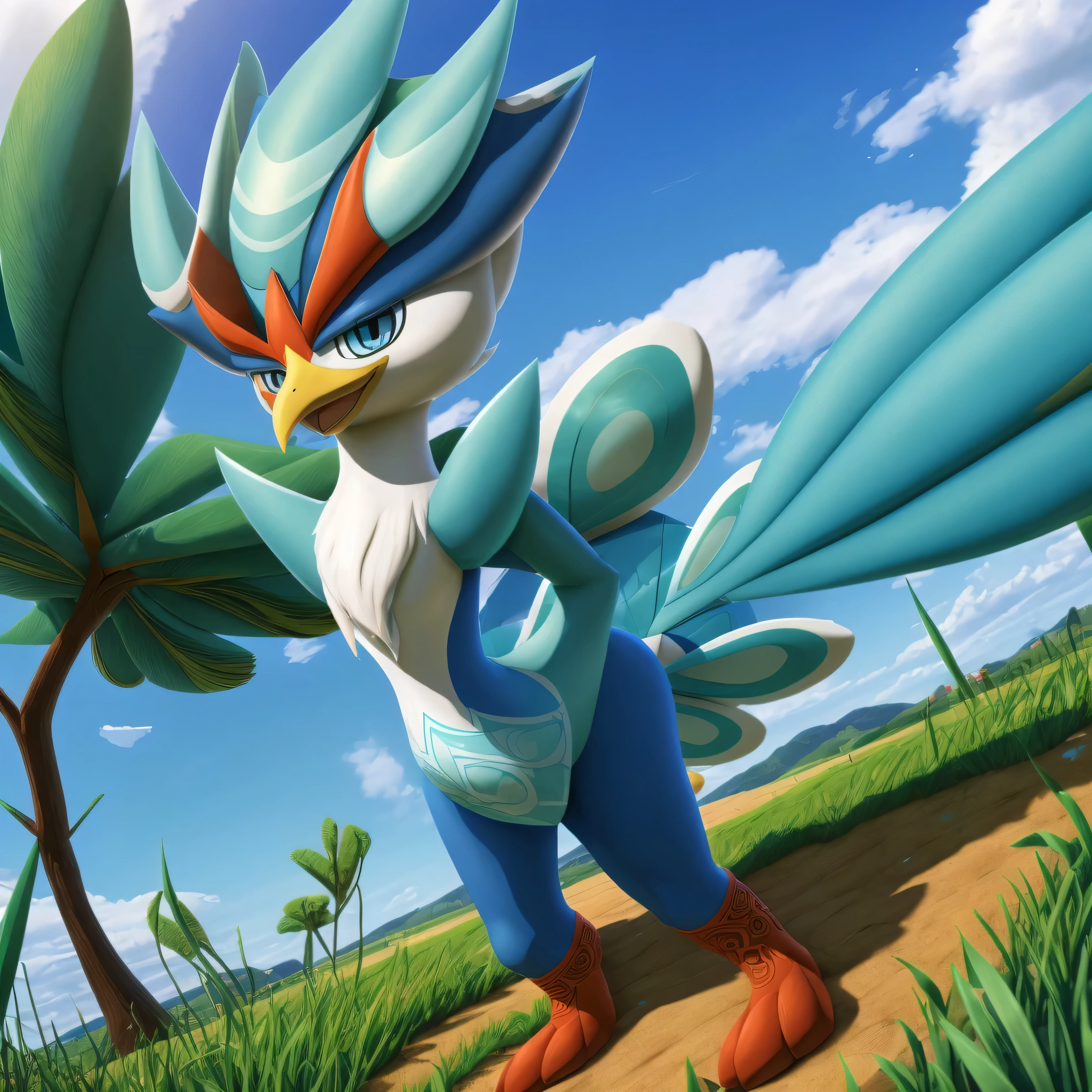 (masterpiece:1.2), (best quality), (ultra detailed), (8k, 4k, intricate), Pokemon, quaquaval, furry bird, grassy field,