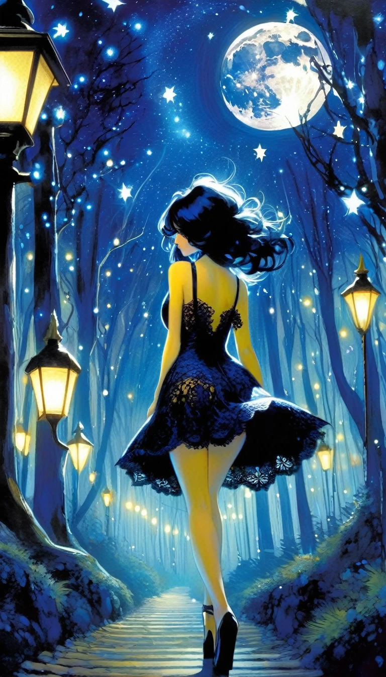 {blue and white theme, fantasy world}, 1 sexy girl, alone, alone, black lace dress, looking back, walking in the forest, house, tree, street lamp, moon, starry sky, bright, magic, fantastic, night sky, moon, stars, background, ,\(symbol\ ), pixie, pixiv art, masterpiece, best quality, ultra detailed, whitetown (art inspired by Bill Sienkiewicz). oil painting)
