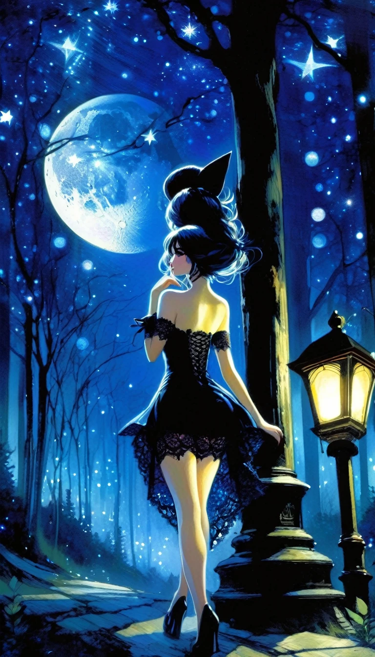 {blue and white theme, fantasy world}, 1 sexy girl, alone, alone, black lace dress, looking back, walking in the forest, house, tree, street lamp, moon, starry sky, bright, magic, fantastic, night sky, moon, stars, background, ,\(symbol\ ), pixie, pixiv art, masterpiece, best quality, ultra detailed, whitetown (art inspired by Bill Sienkiewicz). oil painting)