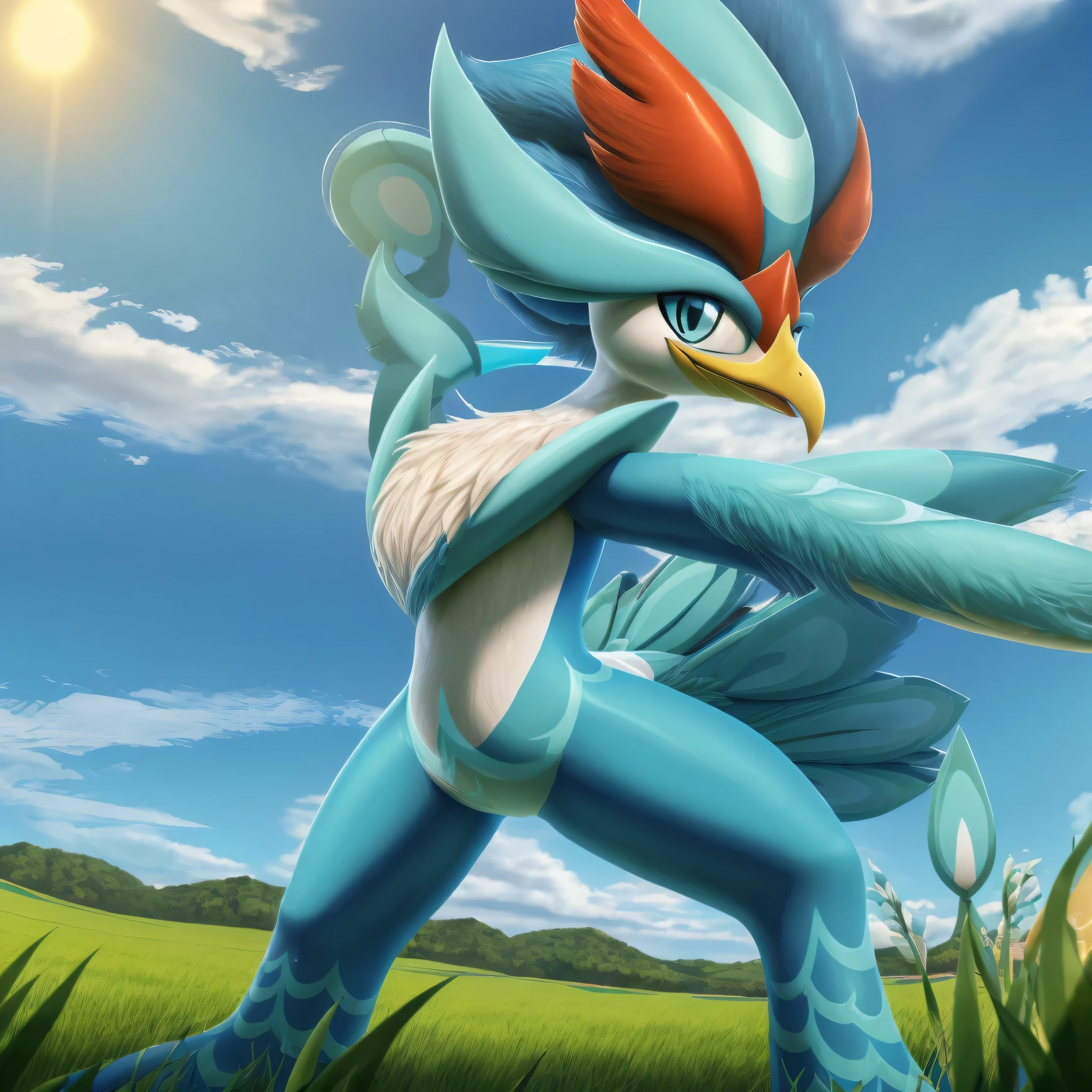 (masterpiece:1.2), (best quality), (ultra detailed), (8k, 4k, intricate), Pokemon, quaquaval, furry bird, grassy field,