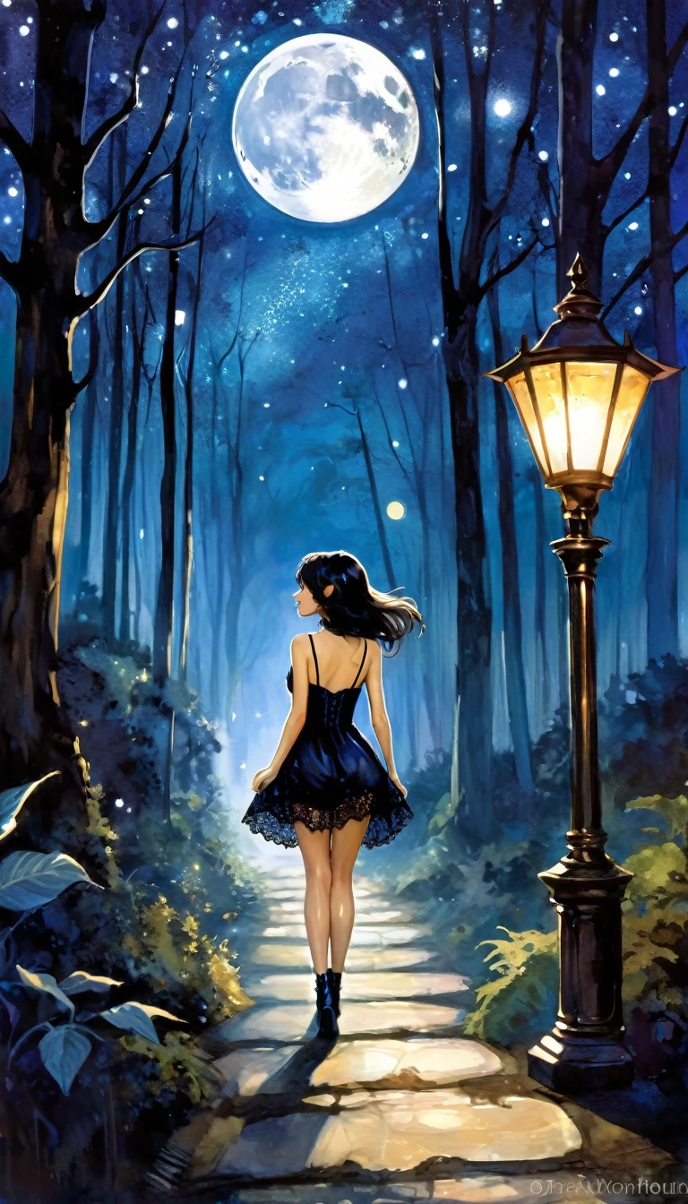 {blue and white theme, fantasy world}, 1 sexy girl, alone, alone, black lace dress, looking back, walking in the forest, house, tree, street lamp, moon, starry sky, bright, magic, fantastic, night sky, moon, stars, background, ,\(symbol\ ), pixie, pixiv art, masterpiece, best quality, ultra detailed, whitetown (art inspired by Bill Sienkiewicz). oil painting)
